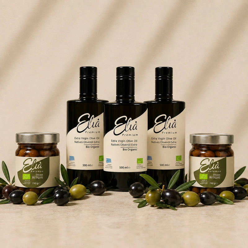 3x Elia Premium 500ml + 2x Kalamon Oliven GRATIS